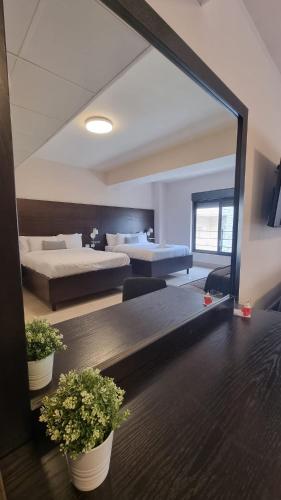 a room with two beds and two potted plants at Mizirawi Historic Hotel in Ramallah