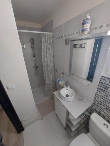 a bathroom with a sink and a shower and a toilet at LOUTHEPIECLA in Bendéjun