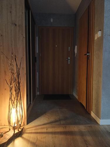 a hallway with a door and a vase on the floor at Szum Łomnicy in Karpacz