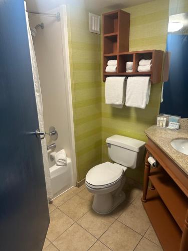 a bathroom with a toilet and a sink at Brandon Center Hotel in Tampa