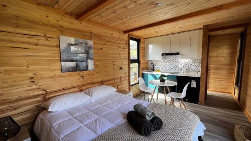 1 dormitorio con 1 cama blanca y cocina en Huinanco Lodge en Concepción