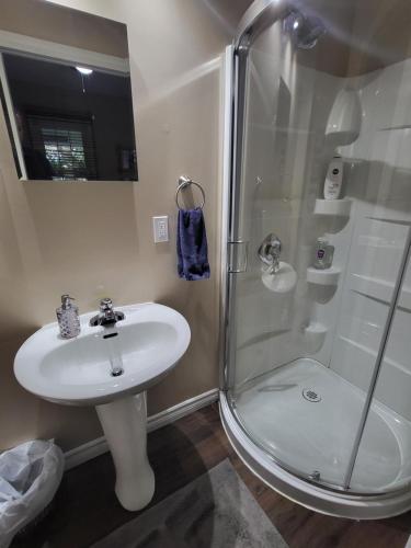 a bathroom with a sink and a shower at Your Oasis in Niagara Falls Canada in Niagara Falls