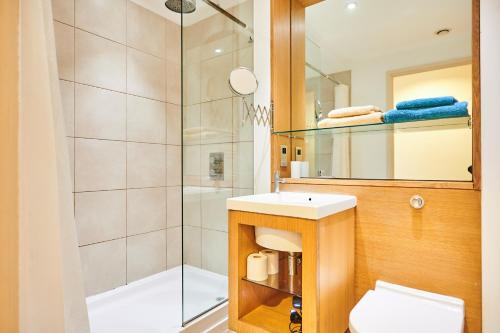 a bathroom with a shower and a sink and a toilet at Apartment in old street in London