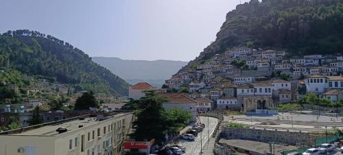 a town on a hill with cars parked on a street at RINA'S Apartment in Berat