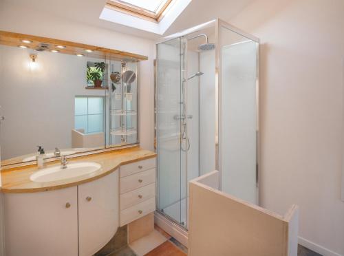 une salle de bain avec un lavabo et une douche dans l'établissement Maisonnette Lotoise, meublé de tourisme 3 étoiles, à Fargues