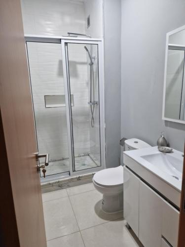 a bathroom with a shower and a toilet and a sink at Aconchegante Refúgio Beira-Mar in Praia