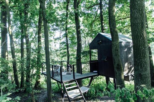 a dog sitting on a tree house in the woods at KeepCalm Treehouse far from the civilization 