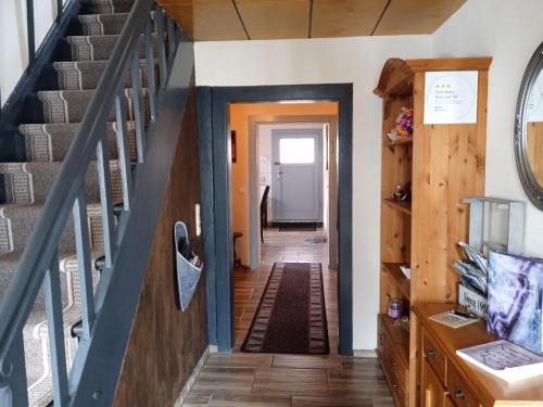 a hallway with stairs and a blue stair railing at Ferienhäuschen Berg und Tal in Harzgerode