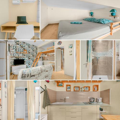 un collage de photos d'une cuisine et d'une chambre dans l'établissement Les Portes Du Palais, à Avignon