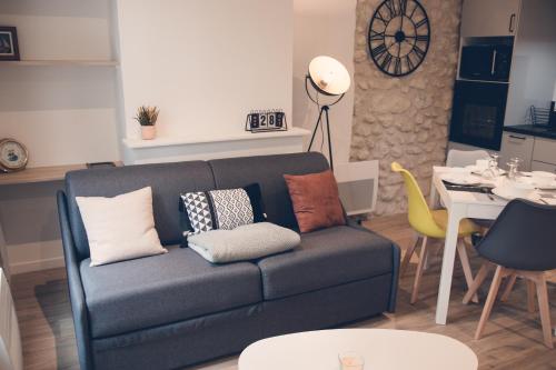 ein Wohnzimmer mit einer Couch mit Kissen darauf in der Unterkunft Les Belles Pierres - HyperCentre in Amboise