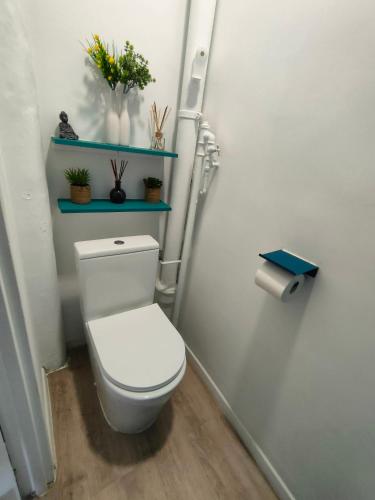 La salle de bains est pourvue de toilettes et d'une étagère avec des plantes. dans l'établissement Origami • Hippod. Enghien • 30 mn Paris, à Eaubonne