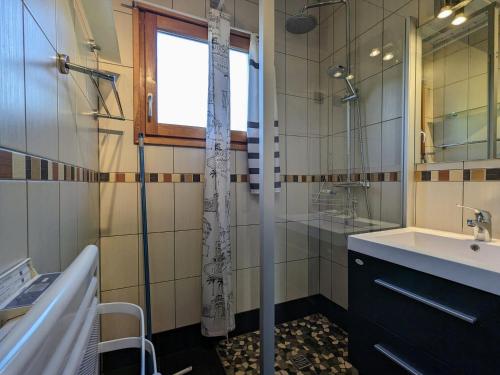 een badkamer met een douche, een wastafel en een spiegel bij Gîte Ban-sur-Meurthe-Clefcy, 3 pièces, 4 personnes - FR-1-589-150 in Ban-sur-Meurthe-Clefcy
