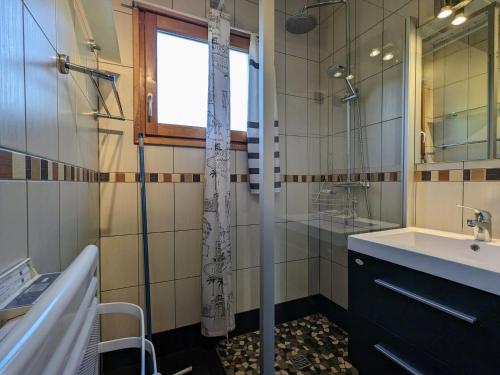 a bathroom with a shower and a sink and a mirror at Chalet rénové proche du Valtin – Idéal pour famille, randonnées et ski, Wifi, luges fournies - FR-1-589-150 in Ban-sur-Meurthe-Clefcy