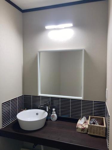 a bathroom with a sink and a large mirror at Marushige in Nozawa Onsen