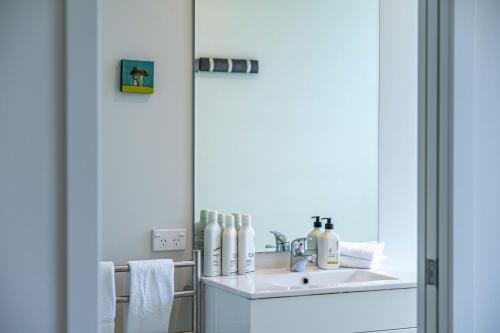 a bathroom with a sink and a mirror at Hoheria Mountain Lodge in Wanaka