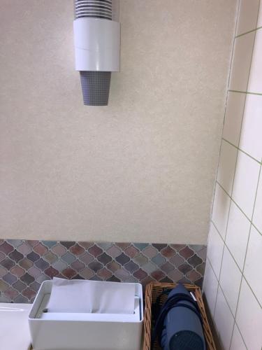 a bathroom with a trash can and a light at Marushige in Nozawa Onsen