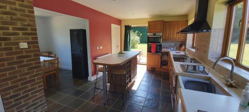 a kitchen with red walls and a brick wall at Farmhouse: Beautiful rural location. London from 60 minutes. in Ashford