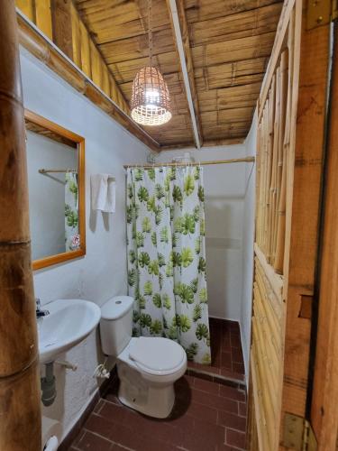 La salle de bains est pourvue de toilettes, d'un lavabo et d'un rideau de douche. dans l'établissement Pradera Ecoliving, à Betania