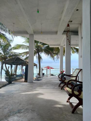 a row of benches on a beach with palm trees at SEASHORE Resort & Villa in Talpe