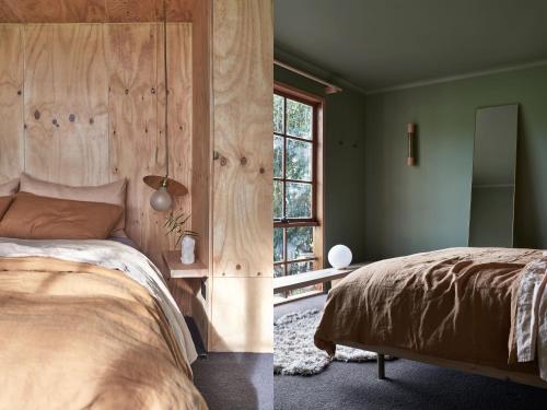 a bedroom with a bed with a wooden headboard and a window at Ross Farm - Cabin in Meeniyan
