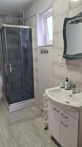 a bathroom with a sink and a shower at Polna 40 in Zduny