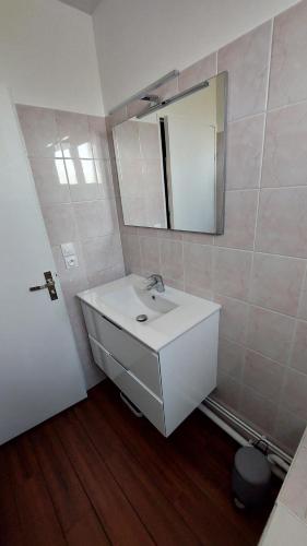 une salle de bain avec un lavabo blanc et un miroir dans l'établissement Bel appartement au calme, à Sainte-Geneviève-des-Bois