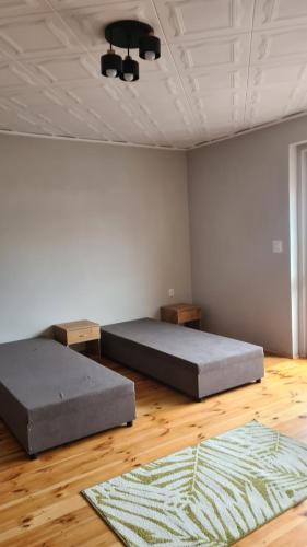 a bedroom with two beds and a rug on a wooden floor at Polna 40 in Zduny