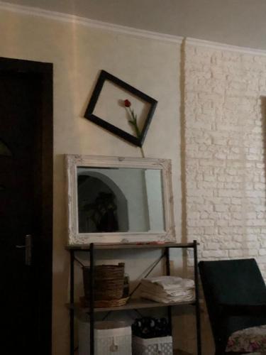 un miroir sur un mur avec une étagère et une fleur dans l'établissement Ritsa apartment, à Tbilissi