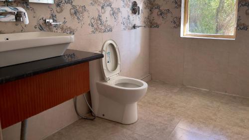 a bathroom with a toilet and a sink at Rock Castle Residency in Leh
