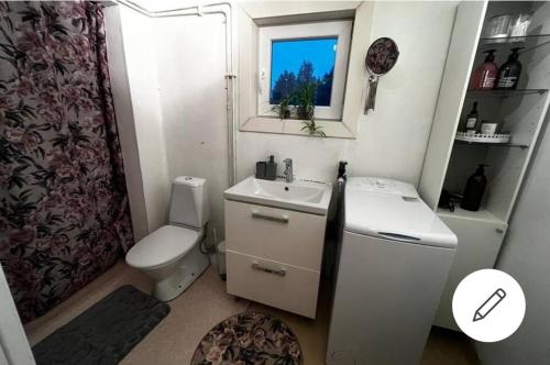 un piccolo bagno con servizi igienici e lavandino di En liten trevlig villa nära stranden och travbanan. a Eskilstuna