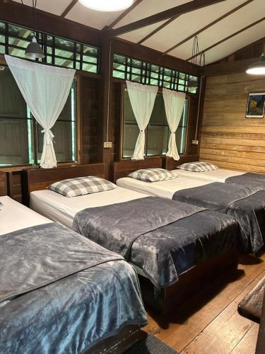 3 Betten in einem Zimmer mit Fenstern in der Unterkunft forestel homestay kohkood ฟอเรสเทล โฮมสเตย์ เกาะกูด in Ban Khlong Chao