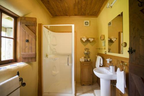 a bathroom with a shower and a sink at The Last Straw Cottage Nelson in Brightwater