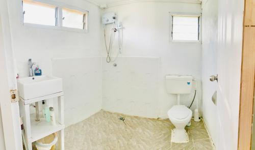 Baño blanco con aseo y lavamanos en Tonga Cottage - Private Double Room Shared Facility, en Folaha