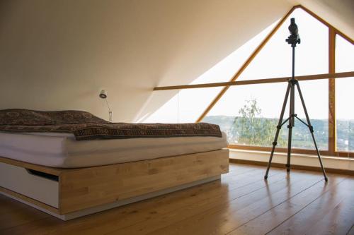 ein Schlafzimmer mit einem Bett und einem Stativ vor einem Fenster in der Unterkunft Ég & Föld Borvendégház in Szekszárd