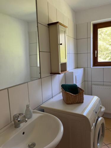 ein Badezimmer mit einem Waschbecken, einem WC und einem Spiegel in der Unterkunft Ferienwohnung Waldhauser in Hermagor
