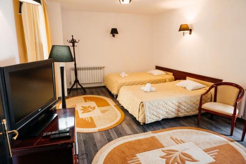 a room with two beds and a flat screen tv at Casa Octavian in Suceviţa