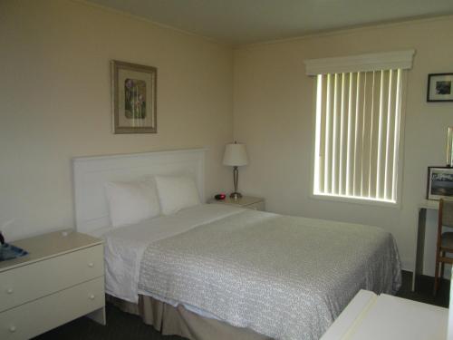 a hotel room with a bed and a window at Edgewater Motel and Campground in Temiskaming Shores