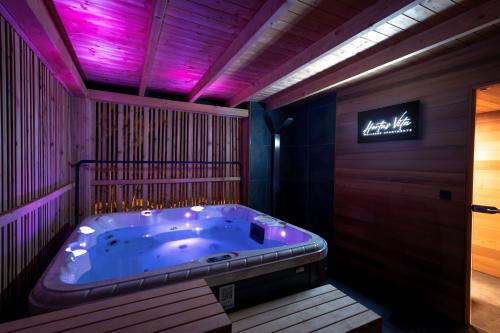 Lipnice nad Sázavou的住宿－Hortus Vita Wellness Apartments，紫色灯的客房内的按摩浴缸
