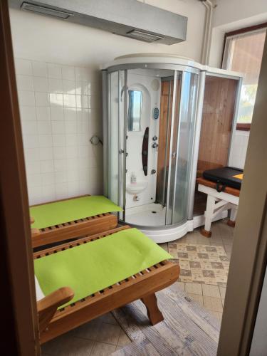 a room with a shower and two beds in it at Hotel Autis in Vysoké Tatry