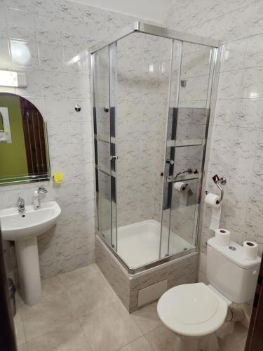 a bathroom with a shower and a toilet and a sink at Hotel Autis in Vysoké Tatry