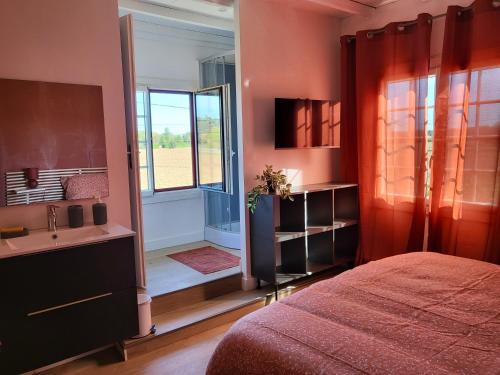 a bedroom with a bed and a sink and a window at Auberge du Trinquet in Corbarieu