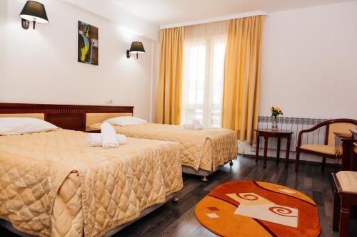 a hotel room with two beds and a table at Casa Octavian in Suceviţa