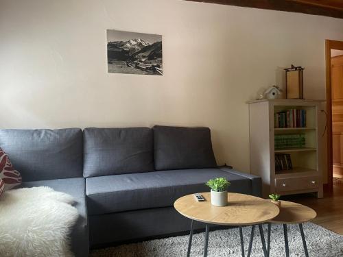 sala de estar con sofá azul y mesa en Apartment The Amethyst en Evolène