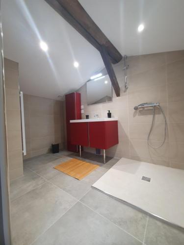 La salle de bains est pourvue d'un lavabo et d'une armoire rouges. dans l'établissement T3 Duplex tout confort, à Toulouse
