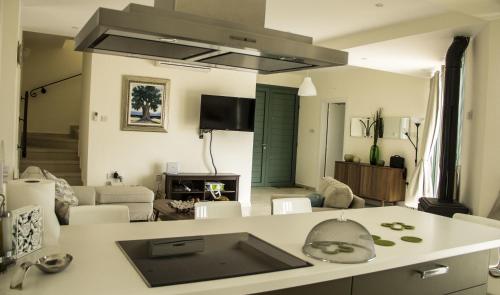 cocina y sala de estar con encimera en Bellevue Villa en Anarita