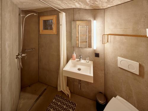 ein kleines Bad mit einem Waschbecken und einer Dusche in der Unterkunft Bed and Breakfast Chiarina in Mendrisio