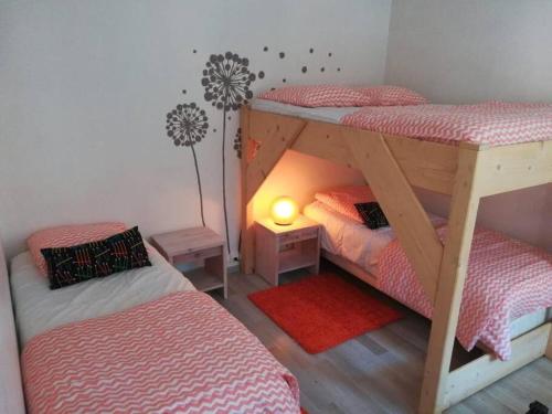 勒布爾杜瓦桑的住宿－Les Iris，一间卧室配有两张双层床和一盏灯。