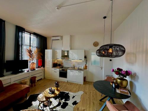 Residentie de Eikhof في هينغلو: غرفة معيشة مع طاولة ومطبخ