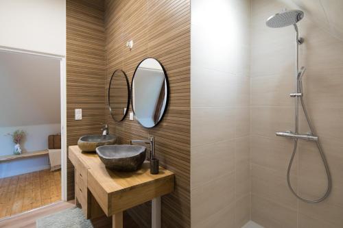 a bathroom with a sink and a shower at MANOIR DU VAU D ARZ gîtes et chambres d hôtes avec piscine in Malansac