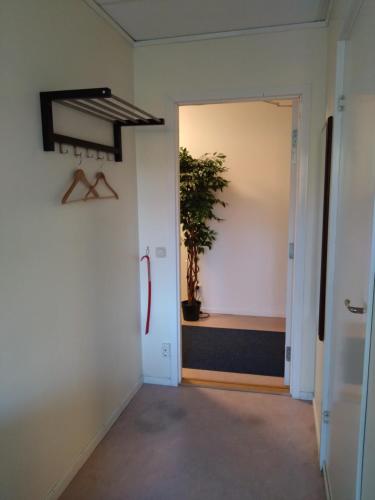 a hallway with a door and a potted plant at Hotell Hemgården in Bengtsfors